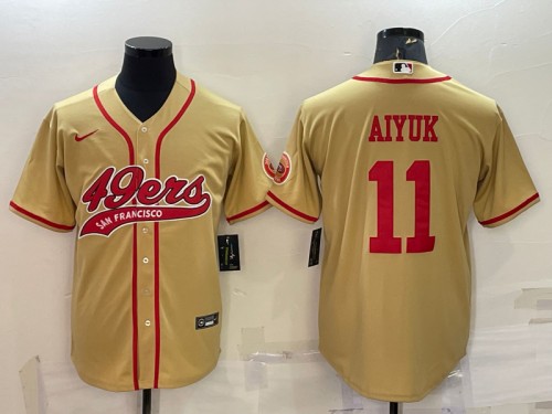 Men's San Francisco 49ers #11 Brandon Aiyuk Gold With Patch Cool Base Stitched Baseball Jersey - Click Image to Close